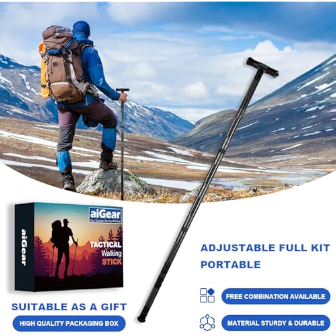 aiGear Tactical Stick/Hiking Trekking Poles | CNC Machined Aluminum Tactical Cane with 3 Outdoor Tool | Suitable For Hiking Camping Mountaining Backpacking | Color Black