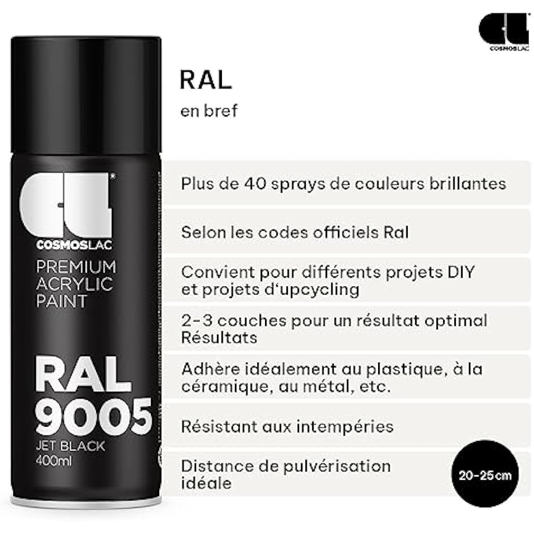 Cosmos LAC Acrylic Paint Spray Can in Many RAL Colours, 400 ml Spray Can Perfect for DIY, Upcycling and Other Painting Work RAL 9005 SEMIGLOSS BLACK N323