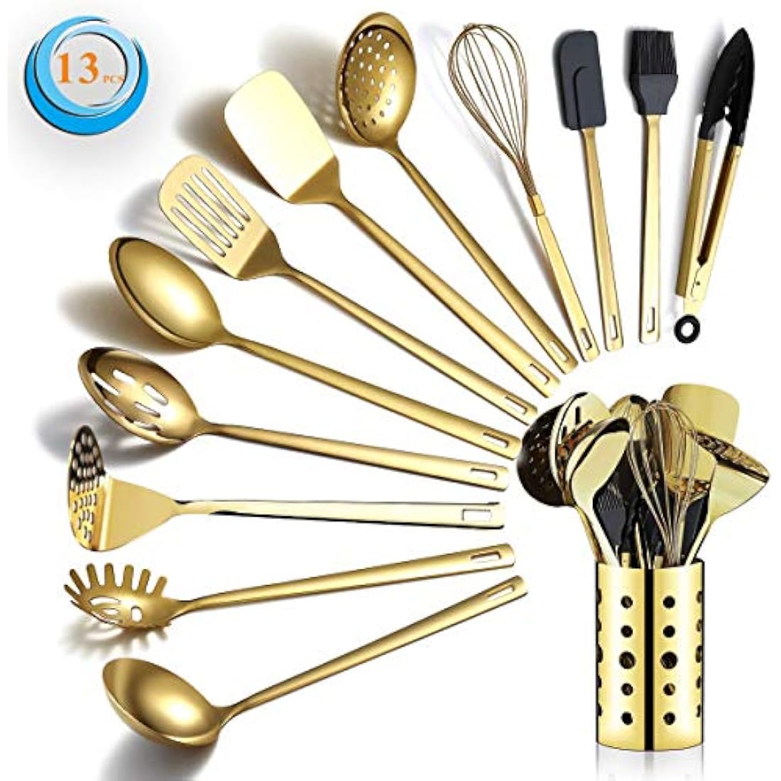 Berglander Gold Cooking Utensils Set, Stainless Steel 13 Pieces Kitchen Utensils Set with Titanium Gold Plating, Kitchen Tools Set with Utensil Holder, Dishwasher Safe, Easy to Clean