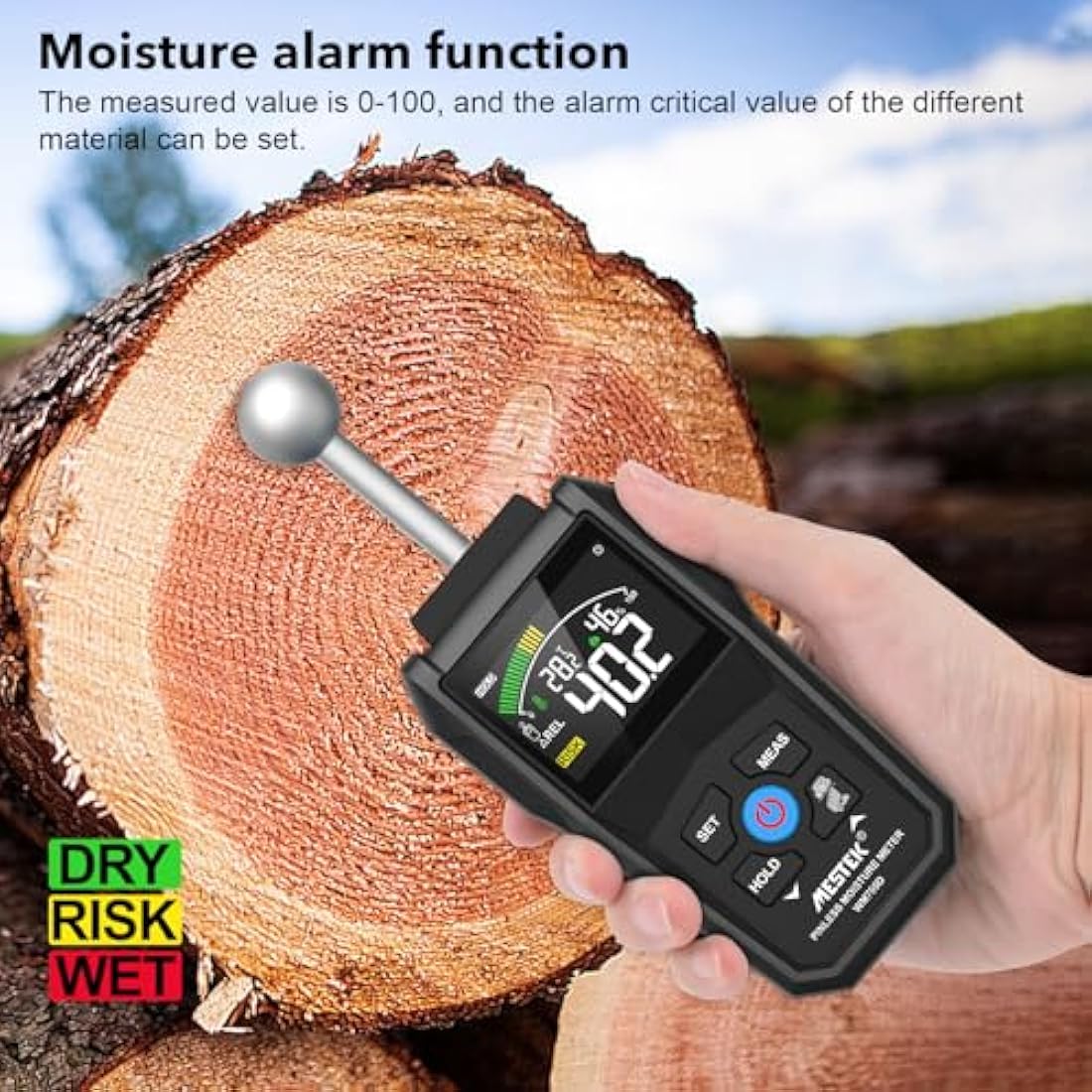 Moisture Meter,MESTEK Damp Meter,2 in 1 Damp Meter for Walls Pin & Pinless with Color LCD and Audible Alarm, Detects 20-40mm of Wall, Wood, Masonry, Concrete and Other Building Materials