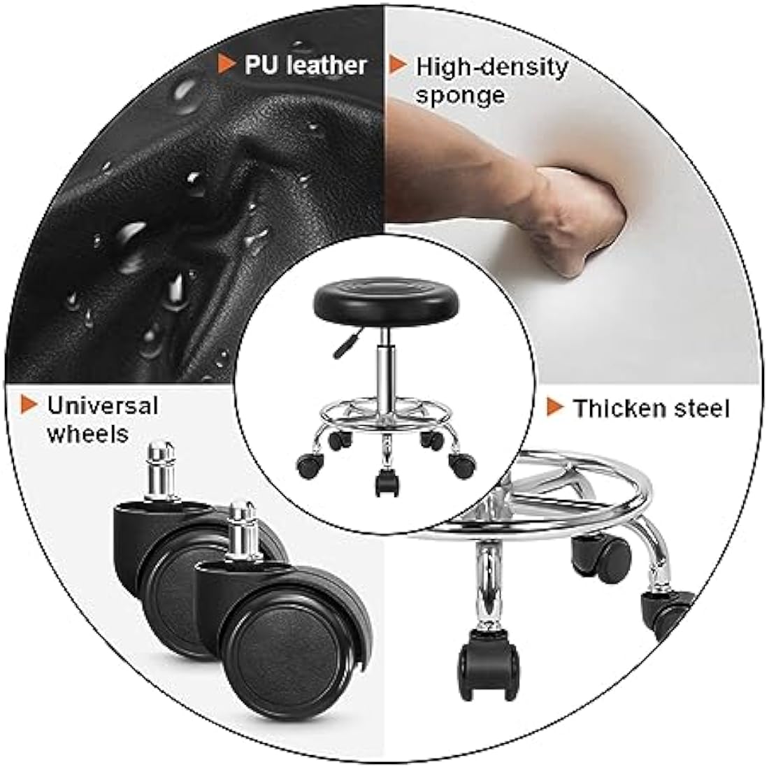 KKTONER PU Leather Round Rolling Stool with Foot Rest Swivel Height Adjustment Spa Drafting Salon Tattoo Work Office Massage Stools Task Chair (Black)