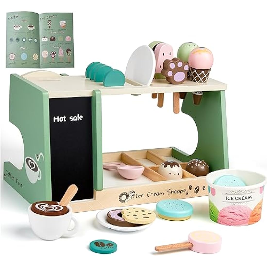 medoga Wooden Ice Cream Toy, 3-in-1 Ice Cream Counter with Coffee Maker 28 PCS Toddler Pretend Play Kitchen Accessories Wooden Toys for 3 4 5 6 Year Old Girl or Boy (Ice Cream)