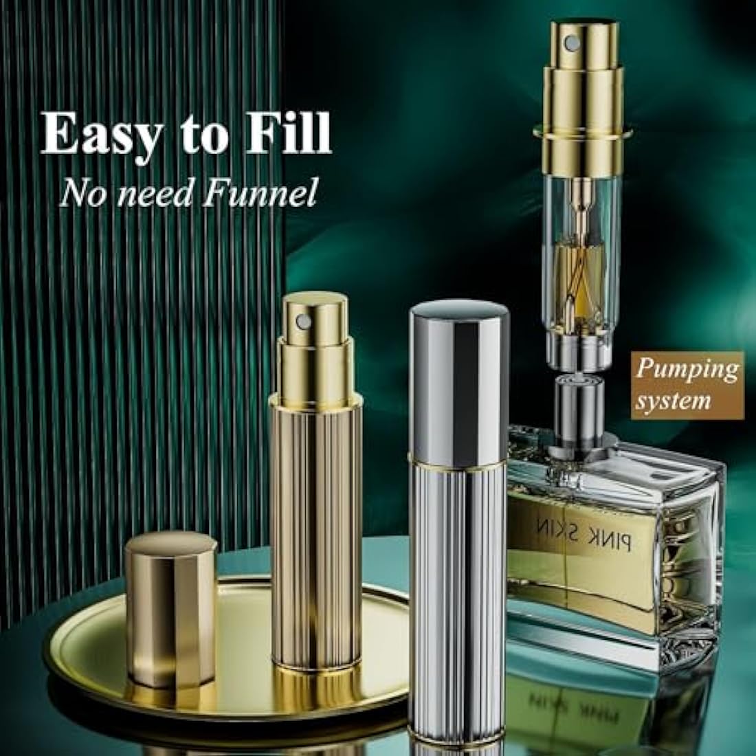 Aurdox Perfume Travel Atomiser, Portable and Refillable mini Perfume Spray Bottles Empty Sprays with Bottom Pump, Dispensers, Atomizers for Women and Men, 5ml/ Silvery Gray