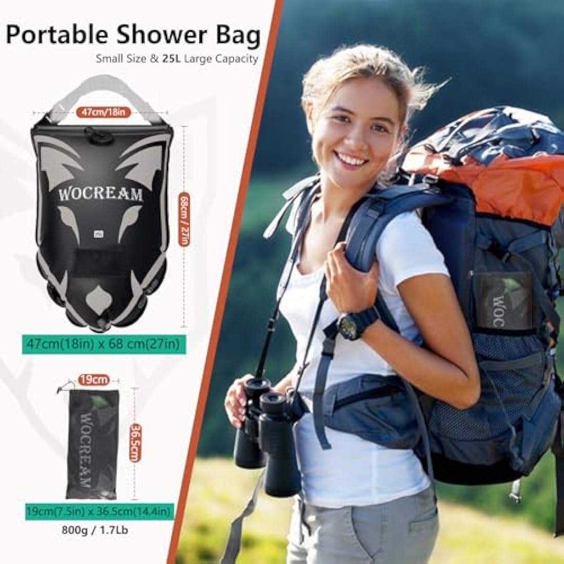 CyConncet Camping Shower Outdoor, 6.6 Gallons/25L Camping Shower Bag, TPU Shower Bag, Large Water Flow, Handheld Shower, Solar Shower, Portable Shower for Camping, Beach, Backpacking