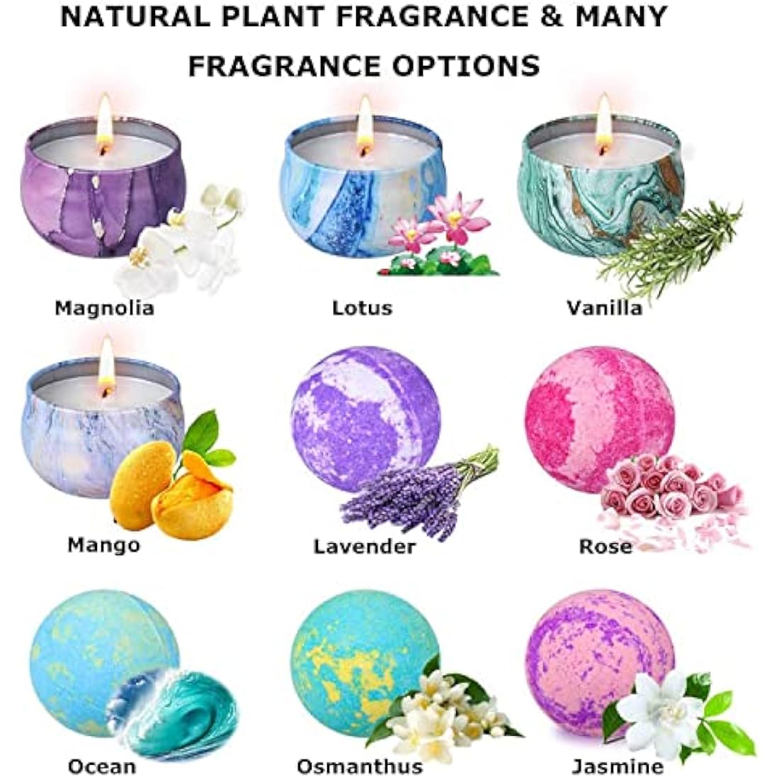 OFUN Bath Bombs & Scented Candles Gift Set, Large Bombs for Women Gifts, Spa Gift Idea for Girls, Friends, Kids Girlfriends Mum Mother's Day Birthday | 5 Bubble Balls & 4 Organic Soy Candles