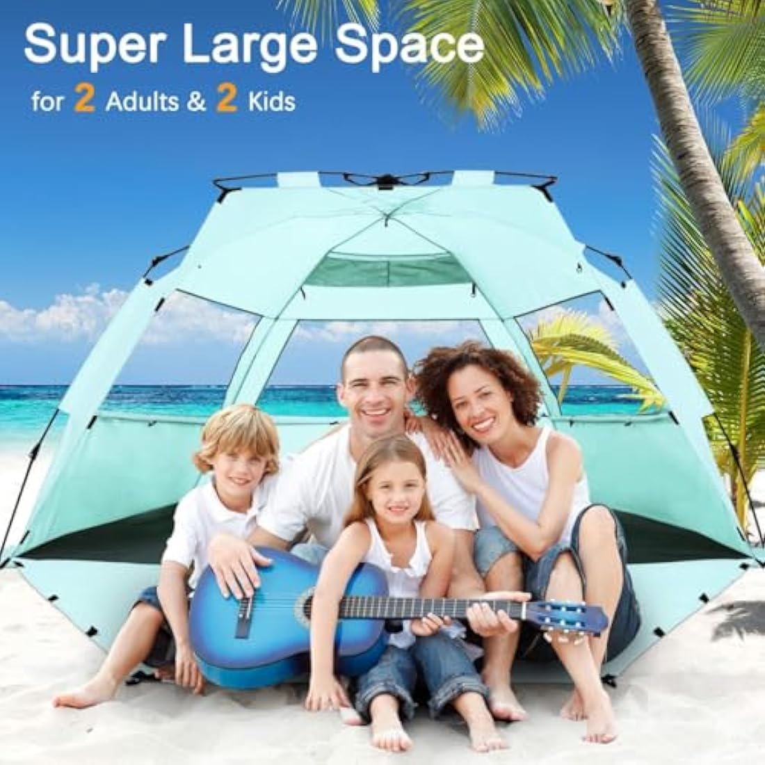 WhiteFang Deluxe XL Pop Up Beach Tent Sun Shade Shelter for 3-4 Person, UV Protection, Extendable Floor with 3 Ventilating Windows Plus Carrying Bag, Stakes, and Guy Lines