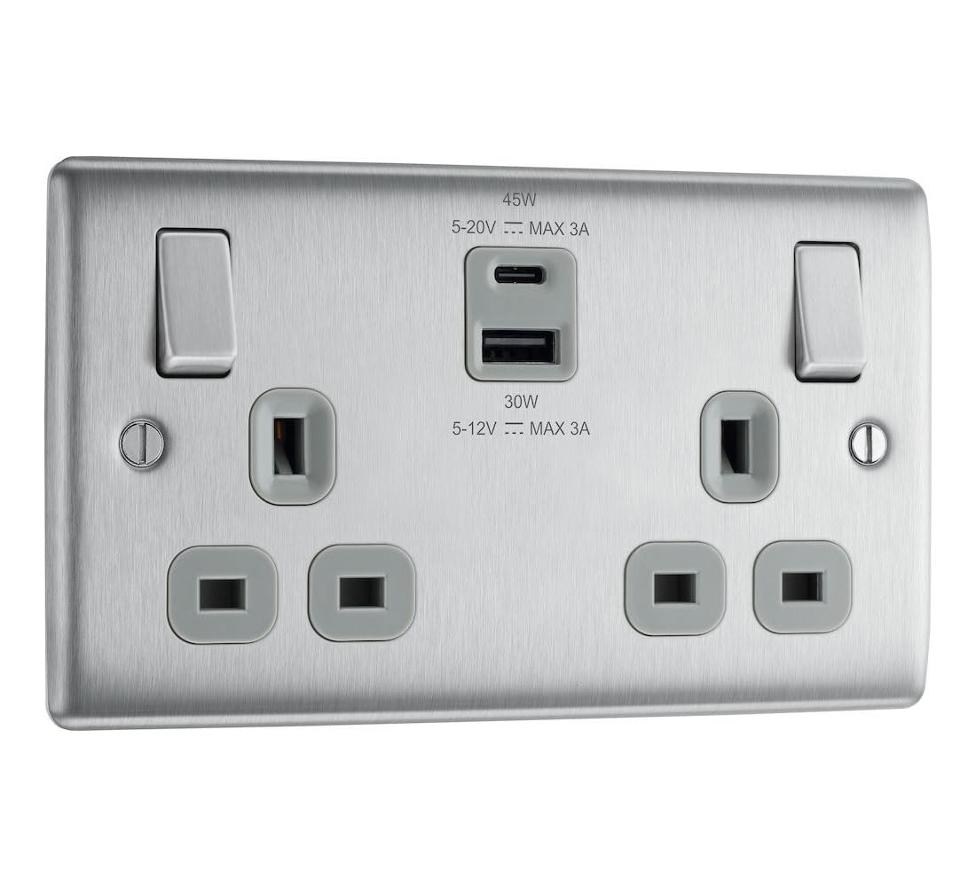 BG Electrical 45W Double Switched Wall Plug Socket with Super Fast Charge Type A & C USB Ports, Nexus Metal, Brushed Steel, Grey Inserts, 13A,