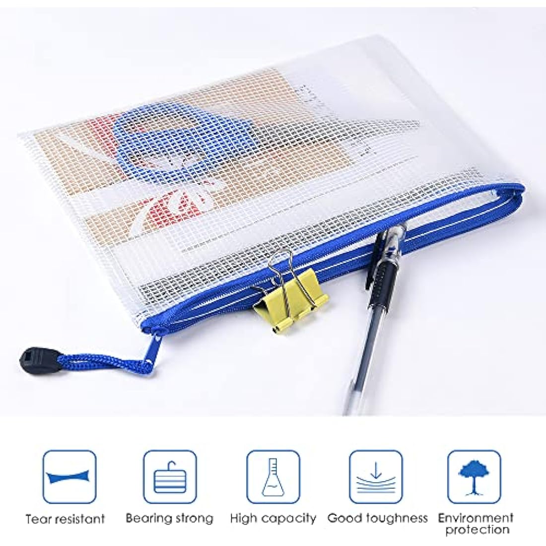 Vicloon Plastic Wallets A5, 10Pcs Zip Lock Bags Mesh Document Wallet Document Folders Plastic Pockets Zipper File Wallet for School Office Homework Storage Bags Travel