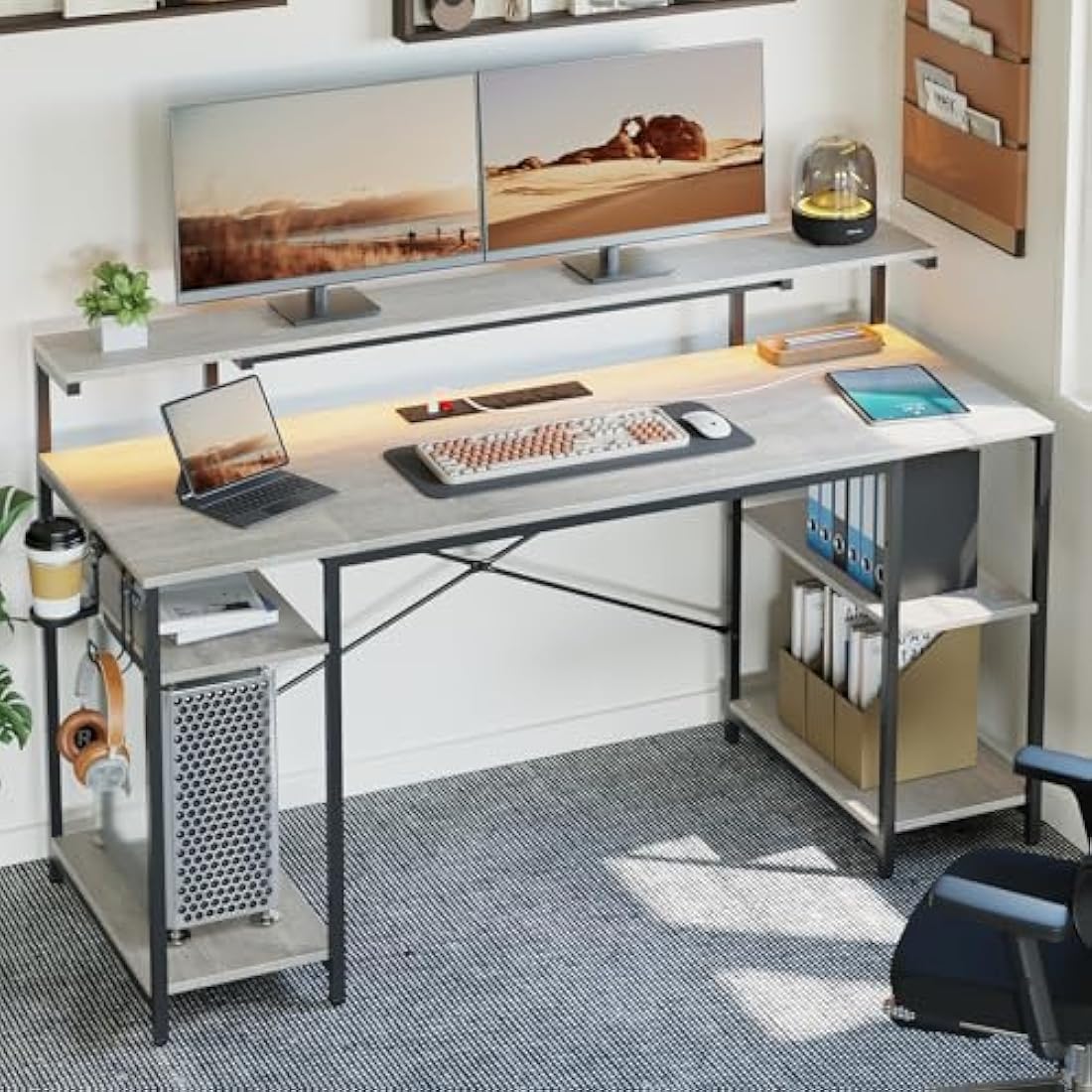 Bestier 140 CM Computer Desk with Power Outlets & LED Lights with Monitor Shelf Gaming Desk with Shelves Writing Desk with Storage Office Desk &Workstation for Home Office Bedroom