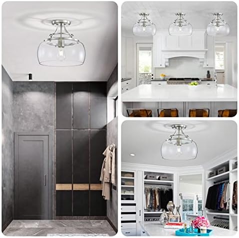WUZUPS Chandelier Rustic Farmhouse Industrial Round Semi-flushmount Ceiling LED Light Fixture with Clear Glass Shades for Bathroom Kitchen Foyer Entryway, H 30 x W 34, E27 Base, Brushed Nickel