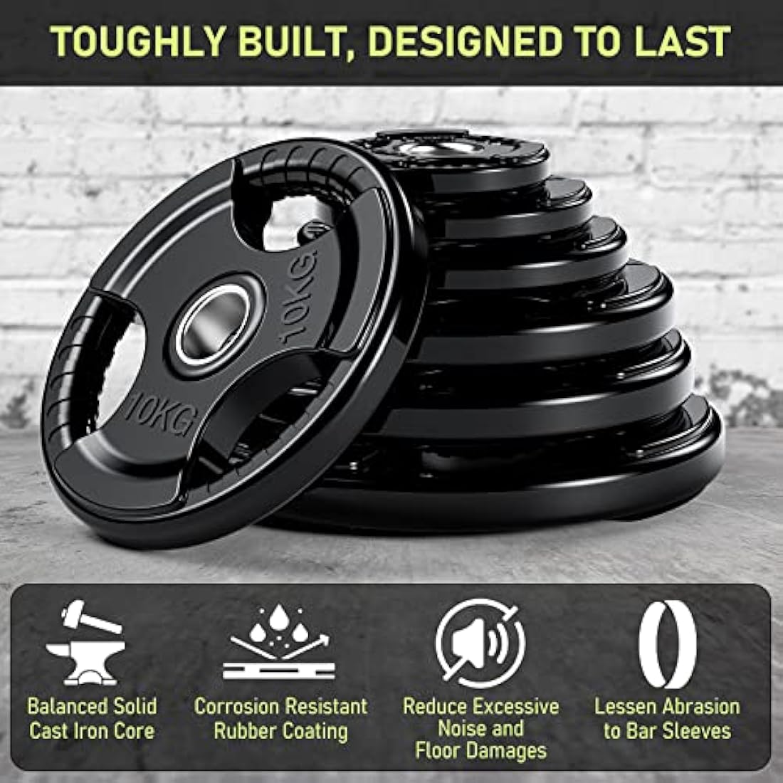 PhysKcal Olympic Weight Plates with Rubber Finish 2’’ Opening and Tri-Grips, Black Barbell Plates Discs for Lifting and Strength Training, Solid Cast Iron Core Weights Set for Barbell, 1.25kg - 20kg