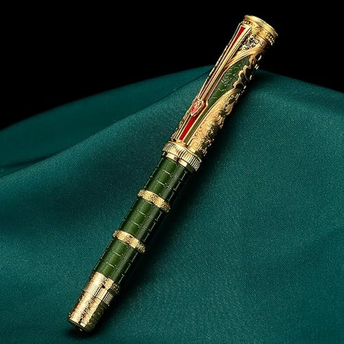 Hong Dian D5 Qin Dynasty Fountain Pen - Green Gold, Extra Fine Point, Piston Filler, Chinese Totem Retro Engraved Soft Writing Pen Set