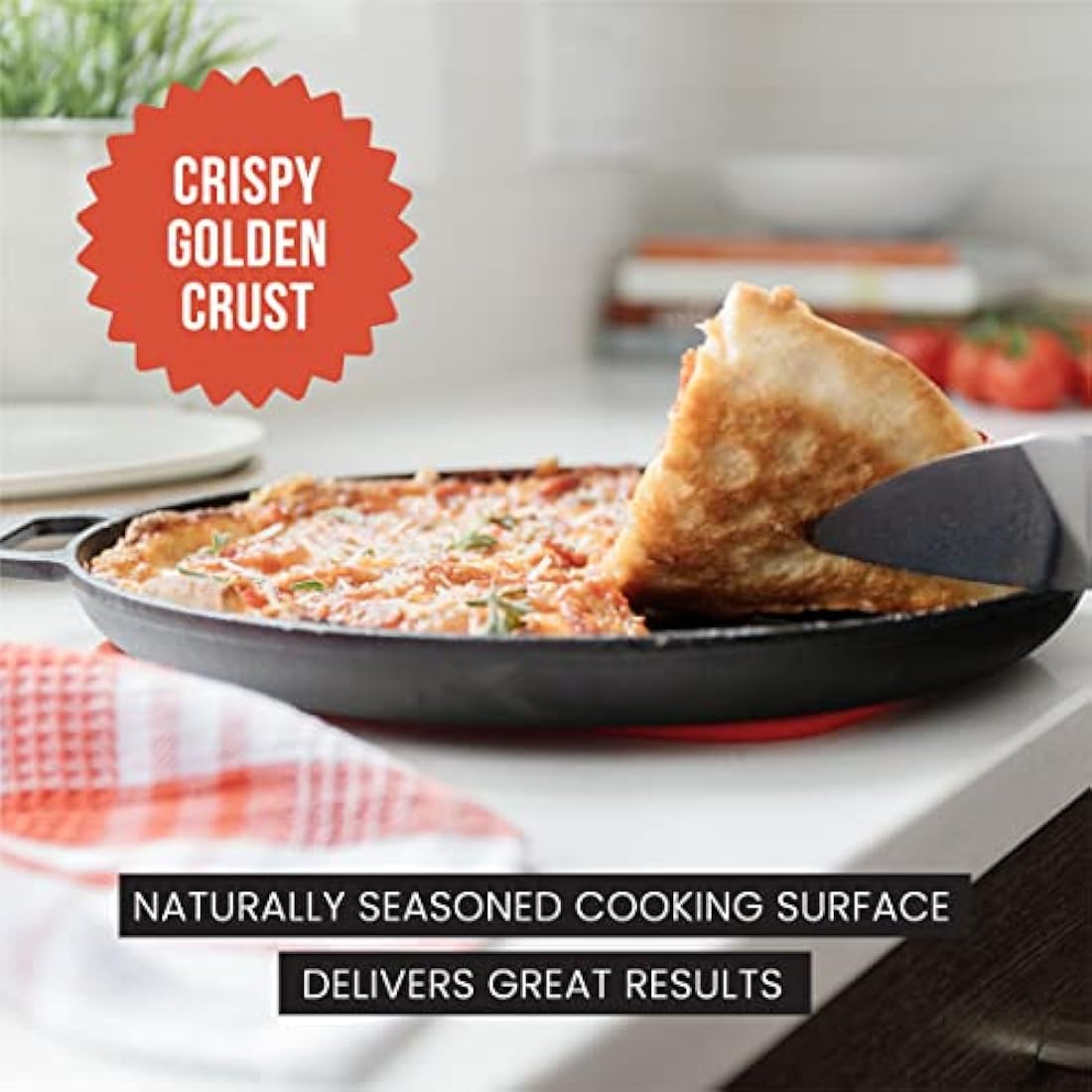Chef Pomodoro Cast Iron Pizza Pan, Pre-Seasoned 12 Inch Skillet With Handles, Griddle for Dosa Tawa Roti, Comal for Tortillas, Baking on Stove, Oven, Grill BBQ and Camping