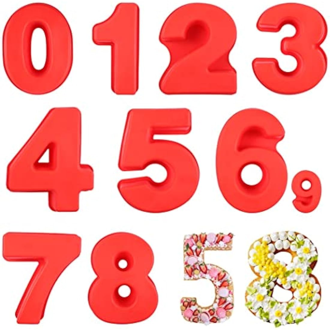 SWEWARM 9 PCS Number Cake Pans - Large 10 Inch Silicone 3D Number Cake Molds (Red)