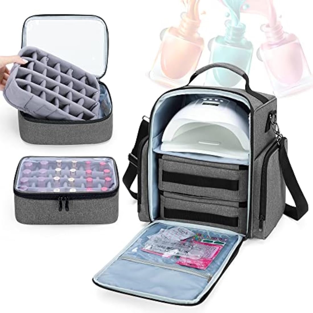 BAFASO Nail Polish Organiser Holds 48 Bottles (15ml - 0.5 fl.oz) and a Nail Lamp, Large Case with 2 Removable Pouches and Multiple Storage Sections (Bag Only), Grey (Patented)