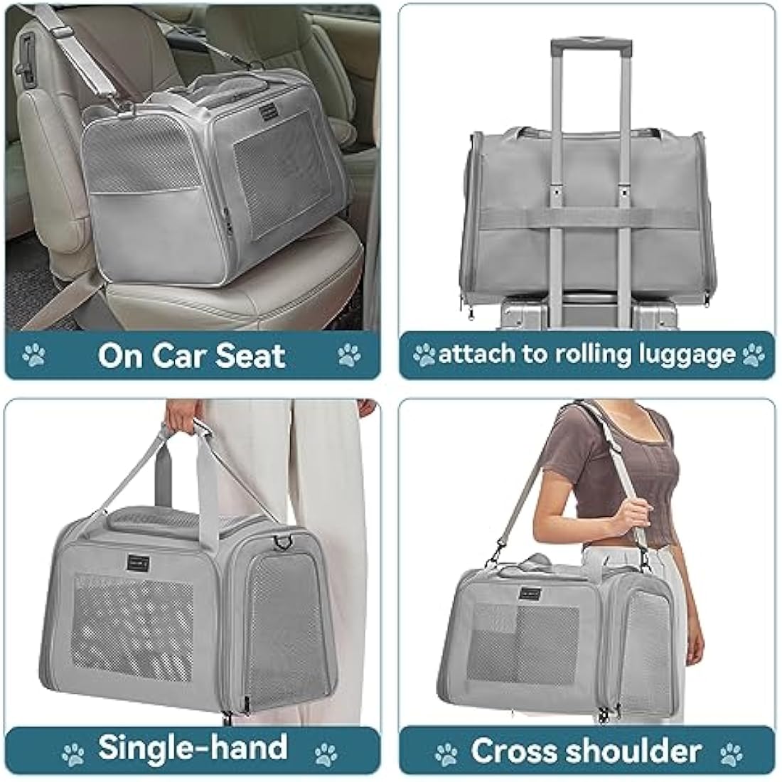 Petsfit Cat Carrier Large Up to 12KG,Pet Carrier with Extendable Fleece Mat,Dog Travel Bag Carrier with Safety Leash for Puppy for Car Use，50 * 33 * 33CM, Grey
