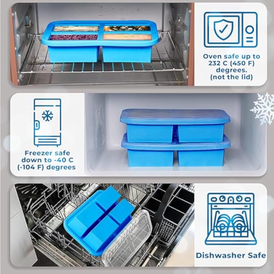 Ozwen 1-Cup Extra Large Silicone Soup Freezer Tray With Lid, Meal Prep with Soup Freezer Food Cubes Container, Baby Food Freezer and Storage Moulds for Sauce & Broth & Leftover (2-Pack, Blue)