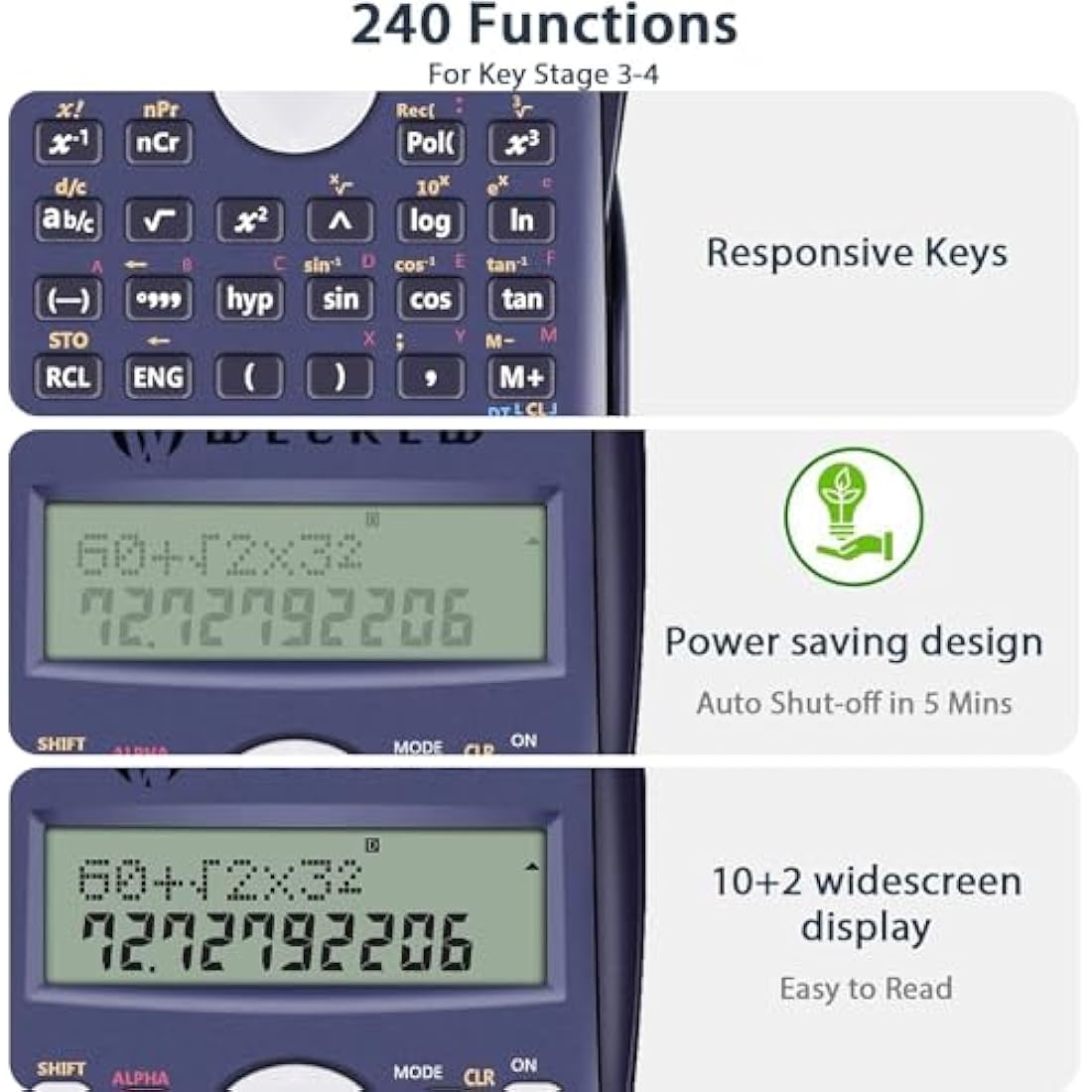 WECKEW Scientific Calculator, Engineering Scientific Calculator with 240 Function 2-Line LCD Display - Suitable for School Students, Teachers and Business Use (Navy blue)