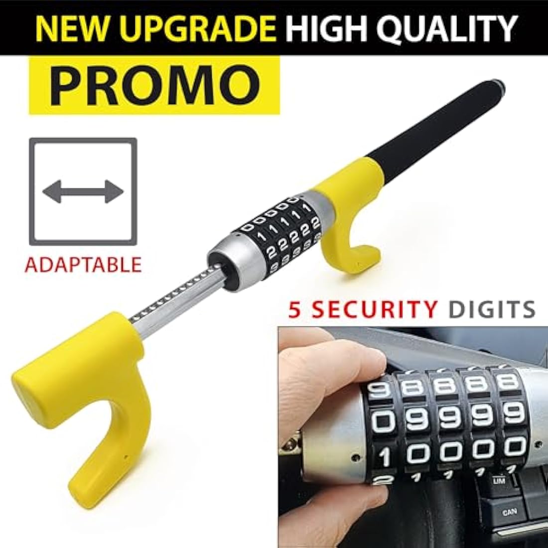 KRASER KR940B Heavy Duty Steering Wheel Lock Keyless Combination Code, Most Visible Deterrent Yellow Coated Reinforced Steel, Emergency Hammer, Universal Anti-Theft Device Car SUV Pick-Up Truck Van