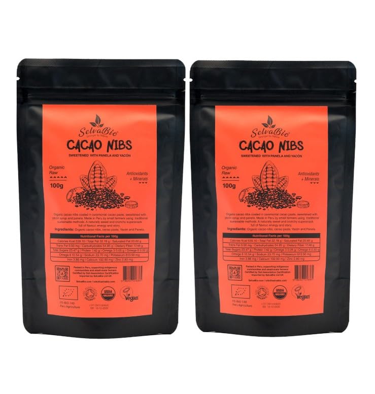 SelvaBio Organic Sweet Cacao Nibs with Yac?n and Panela, Criollo Variety from Peru, Raw Vegan Superfood Snack 200 g (2 x 100 g)