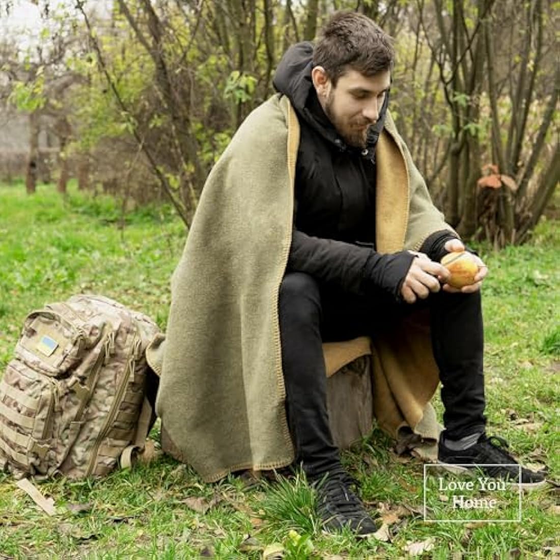 LYHome Travel Blanket - Extra Warm Picnic Throw, Bed Camping Outdoor Wool Blankets, Cozy Soft Throws, Military Army and Garden Outside Use (59x84 in | 150x215 cm | Mustard - Olive Green Double-sided)