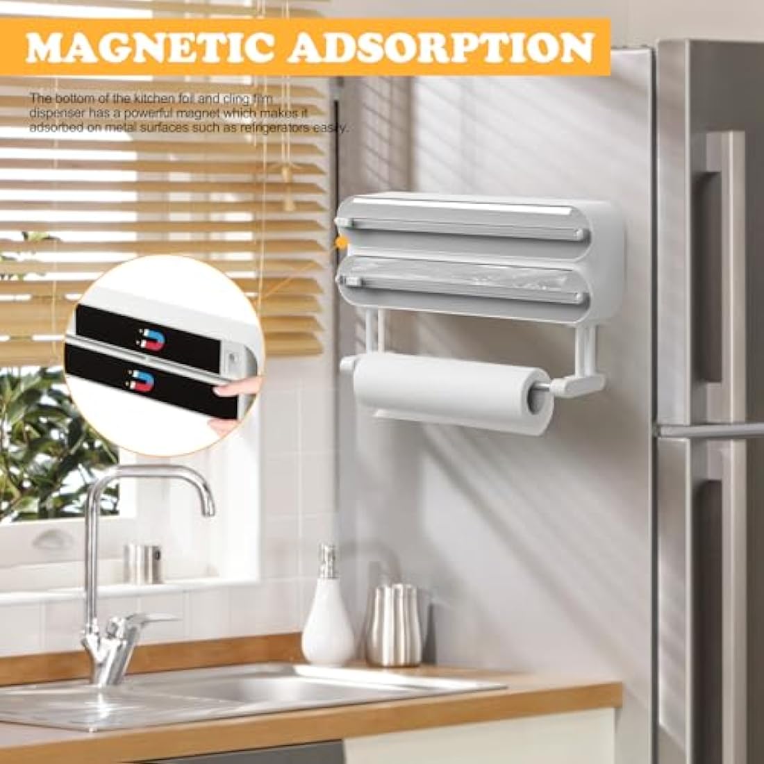 Magnetic Cling Film Dispenser and Cutter - Advanced 3-in-1 Wall-Mounted Kitchen Roll Holder, Quasziwa Refillable Cling Wrap & Aluminium Foil Dispenser with Paper Towel Holder - Fits 12" Roll, White