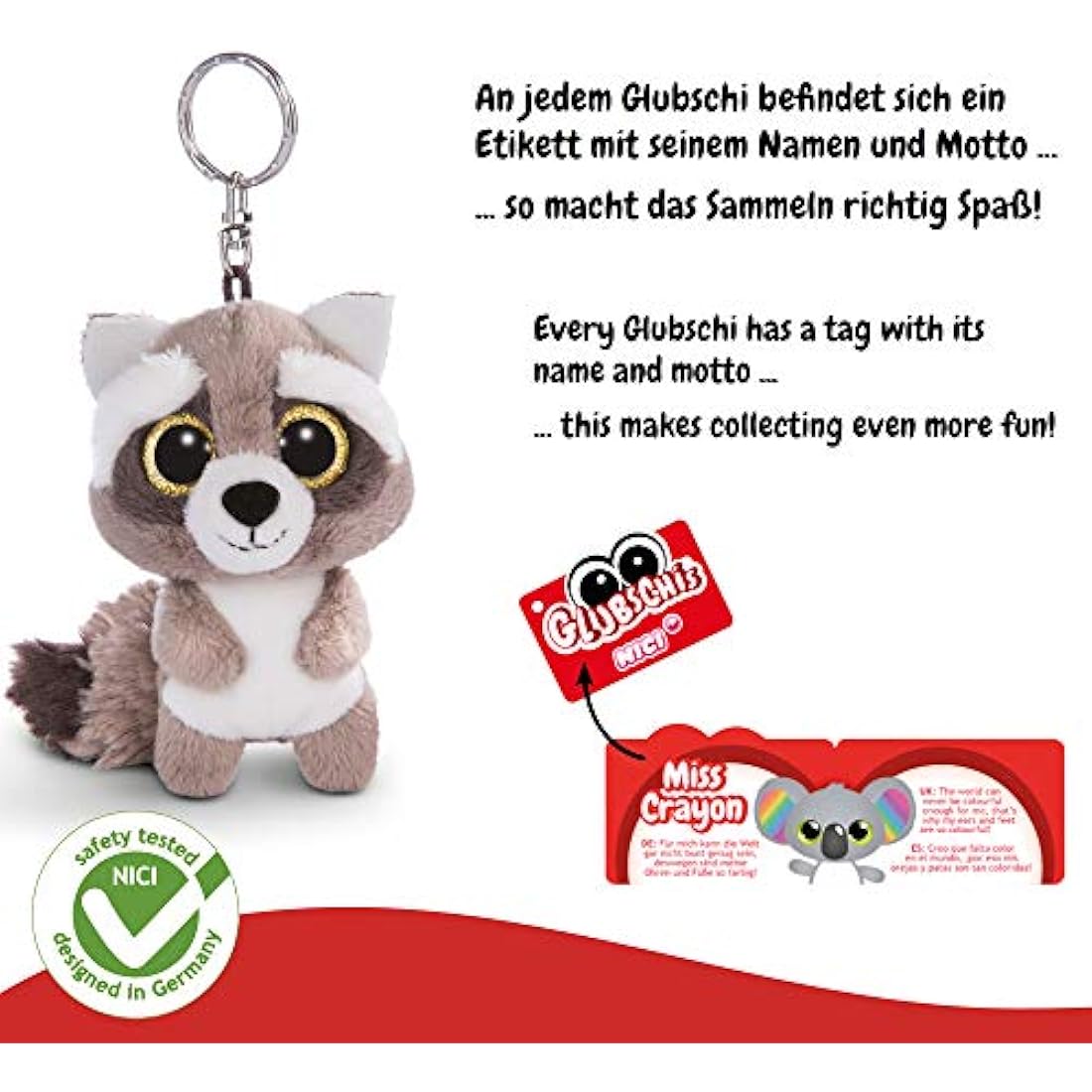 Nici 45550 Glubschis Schlüsselanhänger Waschbär Clooney 9cm Keyring Racoon, Animal Print, Colour: Pink/White, 9 cm