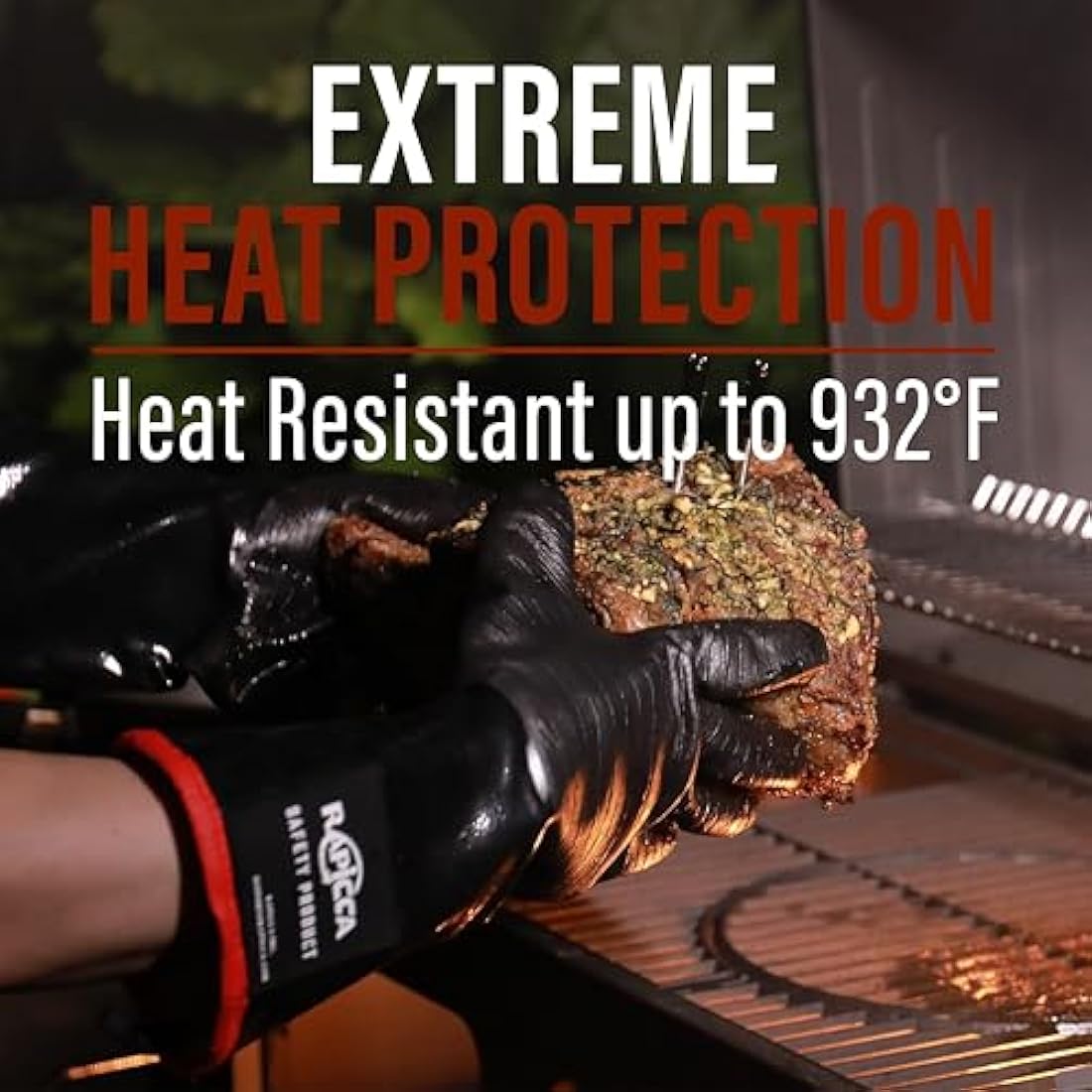 RAPICCA BBQ Gloves,14IN 932℉ Heat Resistant For Grill/Smoker/Cooking/Pit/Barbecue,Textured Palm Handle Greasy Food on Your Fryer/Grill/Oven Without Slip,Waterproof,Oil Resistant,Very Easy to Clean(XL)