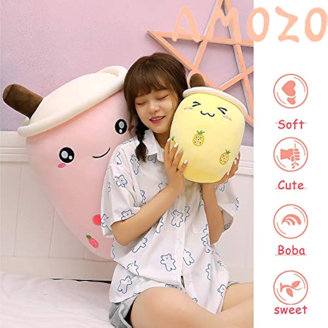 AMOZO Cute Cartoon Boba Milk Tea Soft Plush Doll, Giant Boba Bubble Plushie Stuffed Tea Cup Pillow Gift Toys(Pink,24cm)