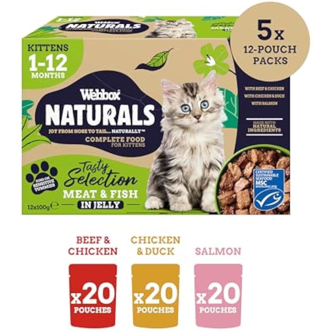 Webbox Naturals Complete Kitten (1-12 Months) Wet Cat Food, 60 x Meat & Fish in Jelly Variety Pack - Made with Natural Ingredients and No Nasties (60 x 100g Pouches)