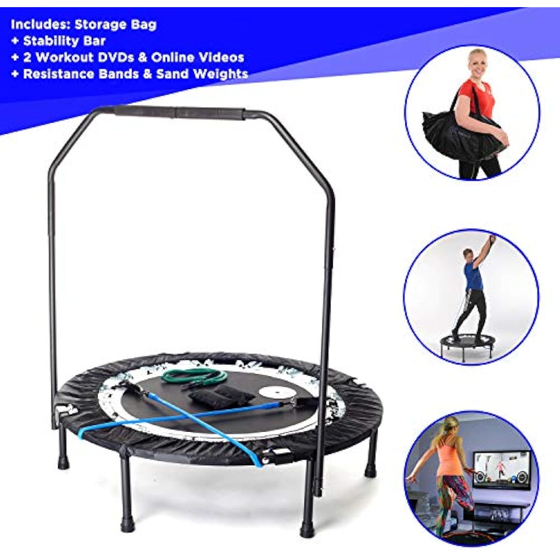 British Brand MaXimus PRO Folding Rebounder Fitness Trampoline | Voted #1 Indoor Mini Exercise Trampoline For Adults With Handlebar | Storage Bag, Resistance Bands, Free Awesome ONLINE & DVD Workouts!