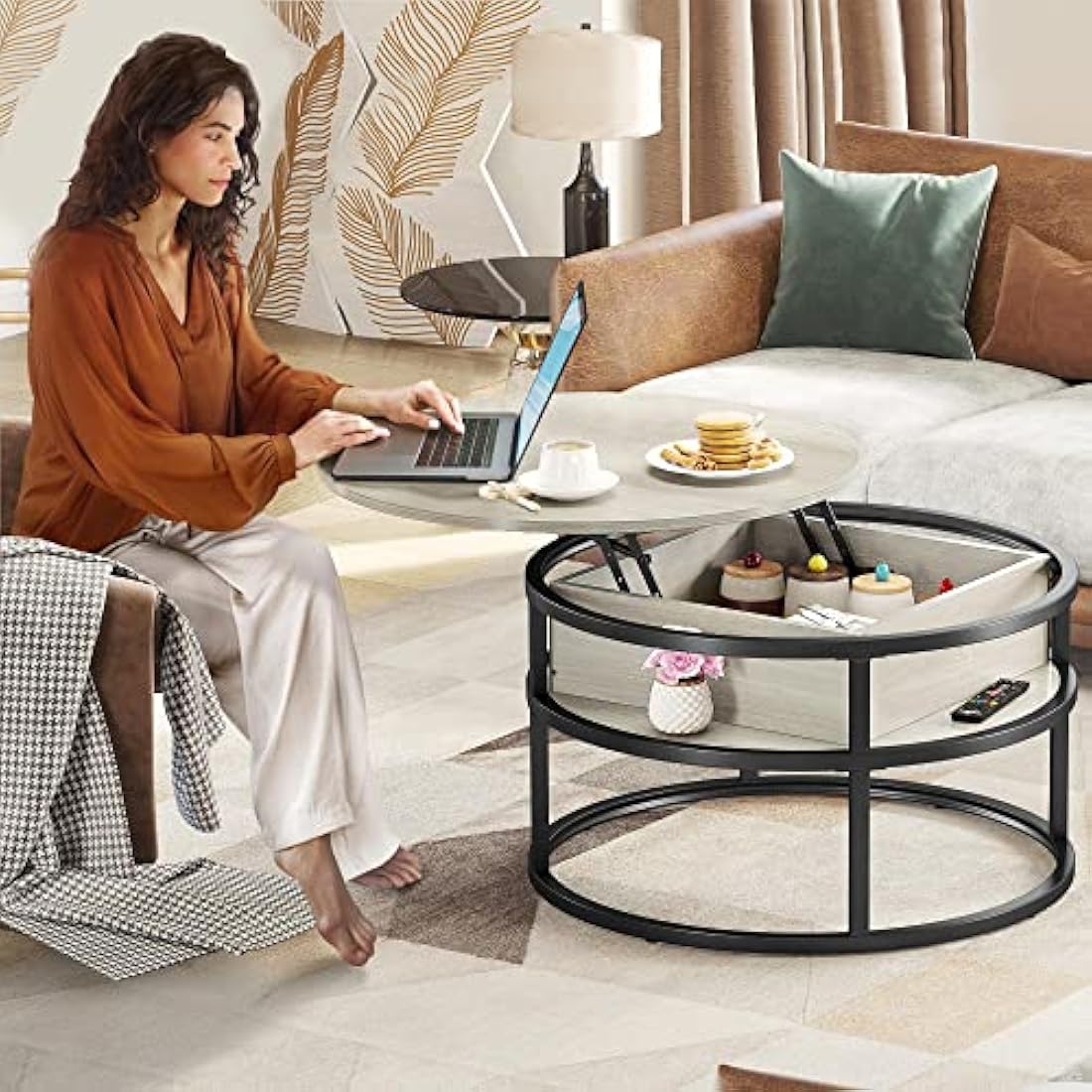 YITAHOME Round Lift Top Coffee Table, Coffee Tables for Living Room with Hidden Storage Compartment, Coffee Table with Storage for Home Office,Round Center Tables Living Room (White Oak)