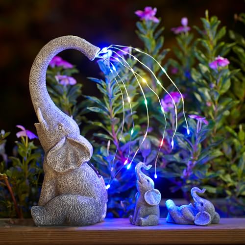 Yeomoo Elephant Statues Garden Ornaments Outdoor - Elephants Mum with Baby Elephant Figurine Solar Lights Elephant Lamp Gifts for Women Men Mum
