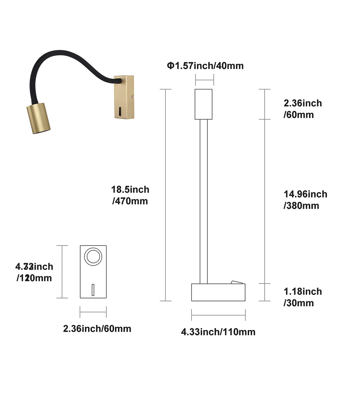 DAWALLIGHT LED Wall Reading Light, 5W Wall Mounted Antique Brass Reading Gooseneck Lamp Bedside for Bedroom Desk Stairs Study Room with Switch