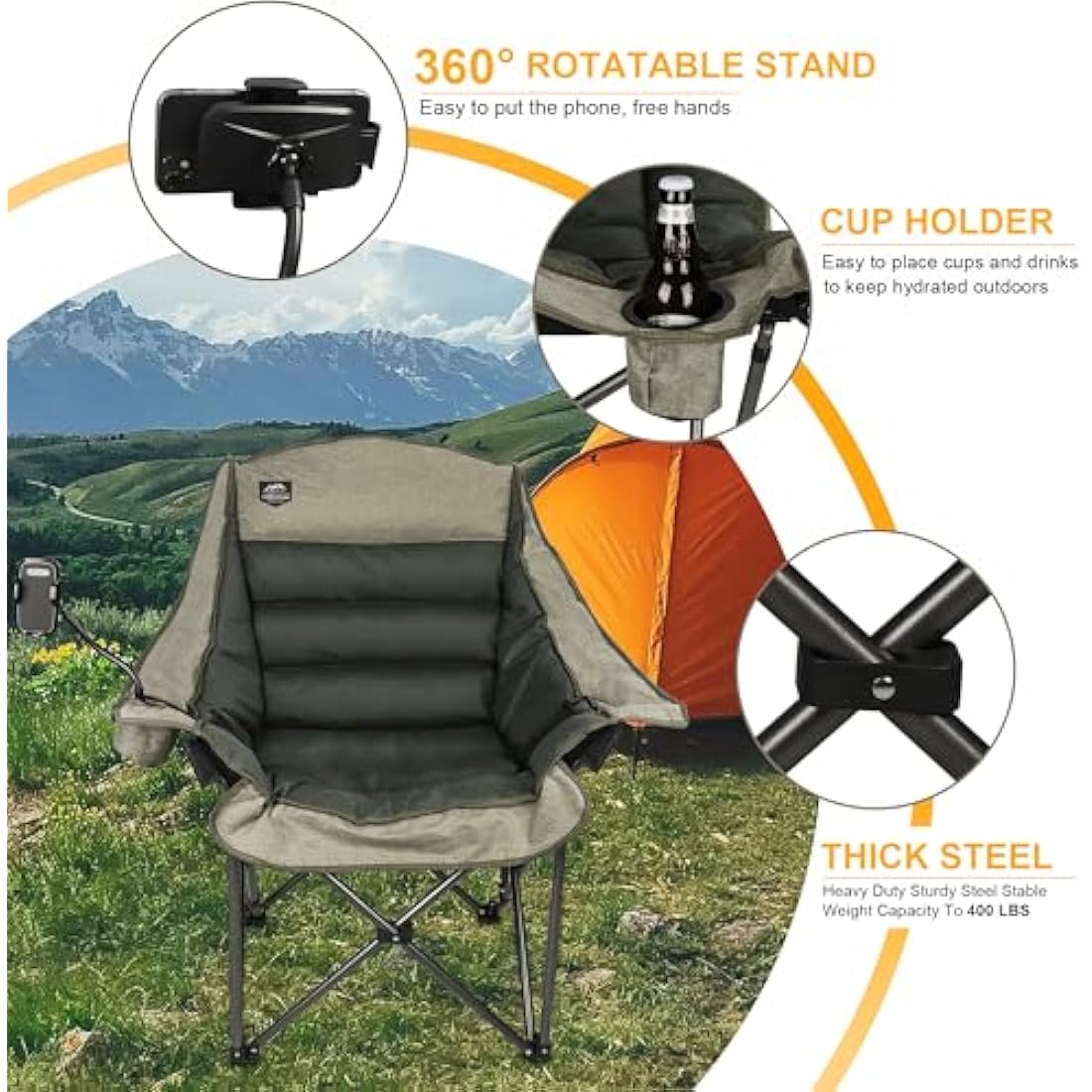 LANMOUNTAIN Oversized XL Folding Camping Chair, Heavy-Duty Support 400Lbs, Comfortable Adult Chair with Cup Holder, Phone Holder, Carry Bag, Perfect for Outdoor Activities (Brown)