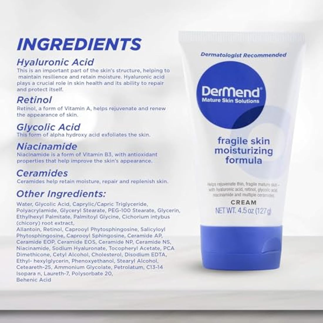 Dermend Specialized Fragile Skin Moisturizing Cream: Formula to Restore & Rejuvenate Mature Skin - 4.5 Oz Tube