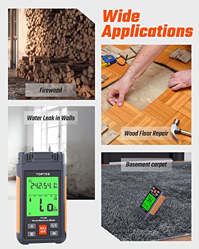 TopTes TS-630 Moisture Meter, Wood Moisture Meter with 2.25-inch 3 Colours Backlit LCD, Use for Log/Firewood/Lumber, Tracing Water Leak Dampness in Walls/Drywall/Floors, 7 Modes - Orange