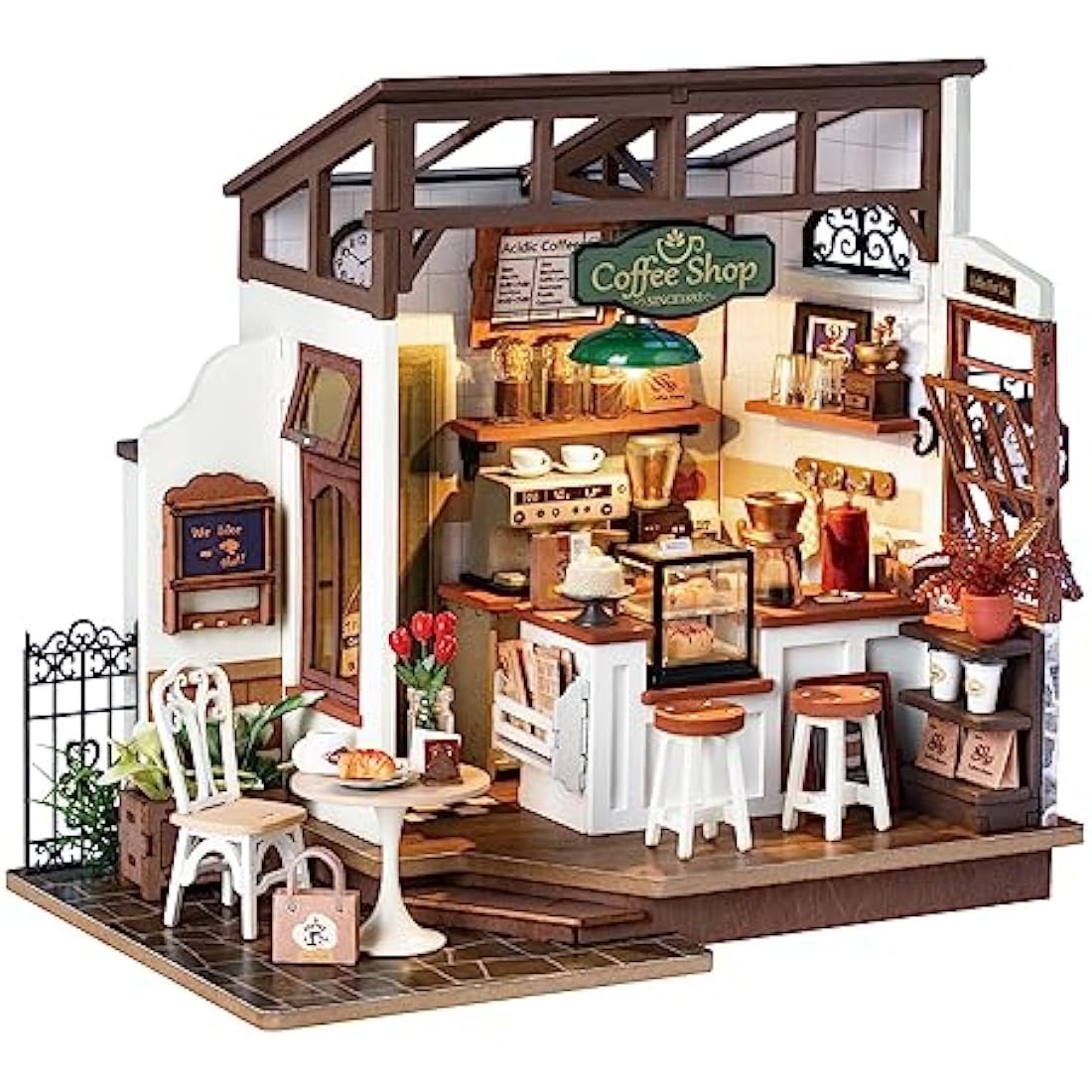 Rolife Dollhouses Café Miniature Wooden Doll House Kit with Furniture Wooden Building Kits with LED Lights for Girls and Women