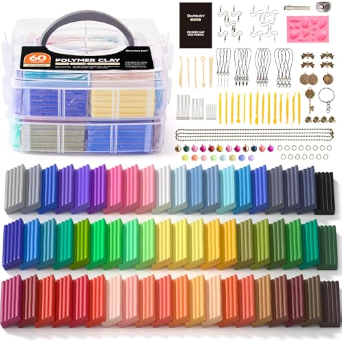 Shuttle Art Polymer Clay, 60 Colours Oven Bake Modeling Clay Kit with 19 Sculpting Clay Tools and Accessories, Non-Stick, Non-Toxic, Ideal DIY Craft for Kids