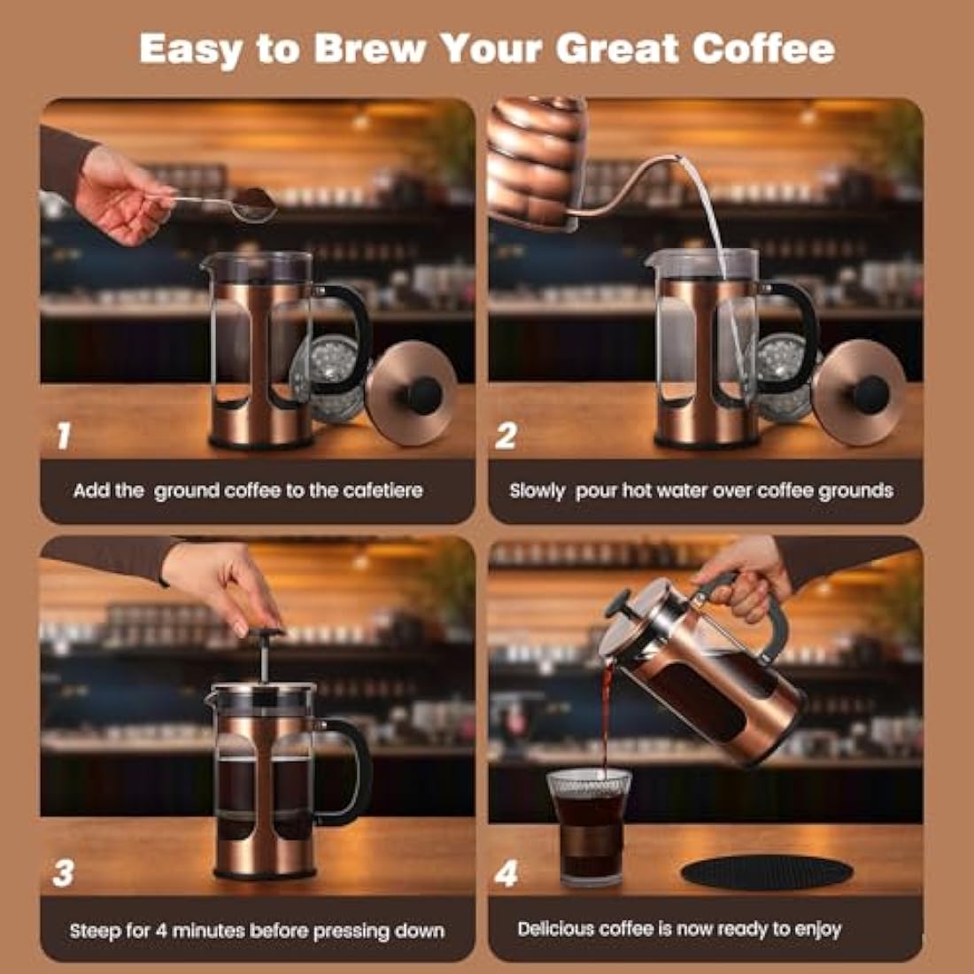 KOOYAT Cafetiere French Press Coffee Maker with Capacity of 1000ml / 6 cup Large Coffee Press for Ground Coffee in Home Office or Travel Heat-Resistant Caffettiera Gift Set for Women and Men Copper