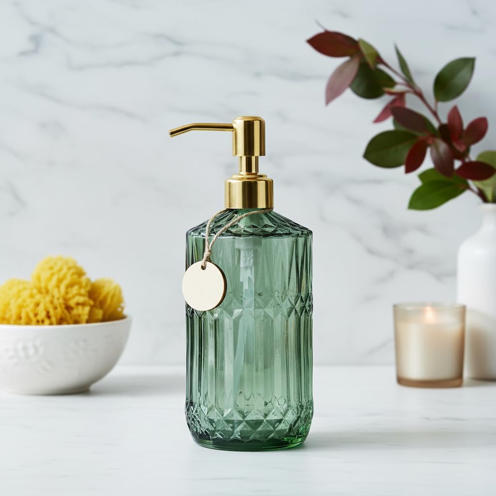 Gem Patterned Glass Soap Dispenser Bottle with Pump, 18Oz Refillable Liquid Hand Jar Dispenser for Bathroom, Countertop, Kitchen, Laundry Room (Green)