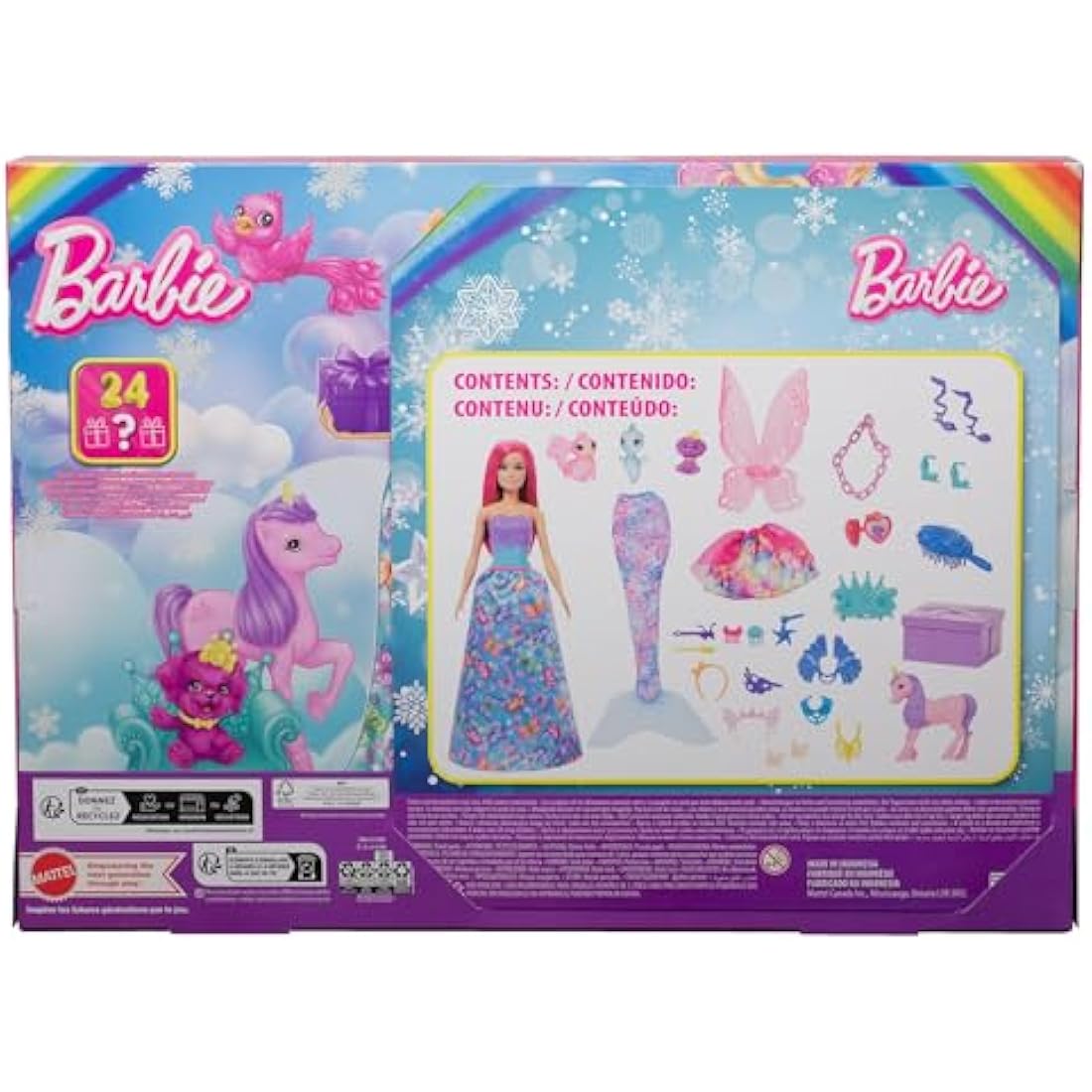Barbie Advent Calendar with Doll & 24 Surprise Accessories Including Unicorn & 3 Pets, Transform Pink-Haired Fashion Doll into Mermaid, Fairy & More, HRG90
