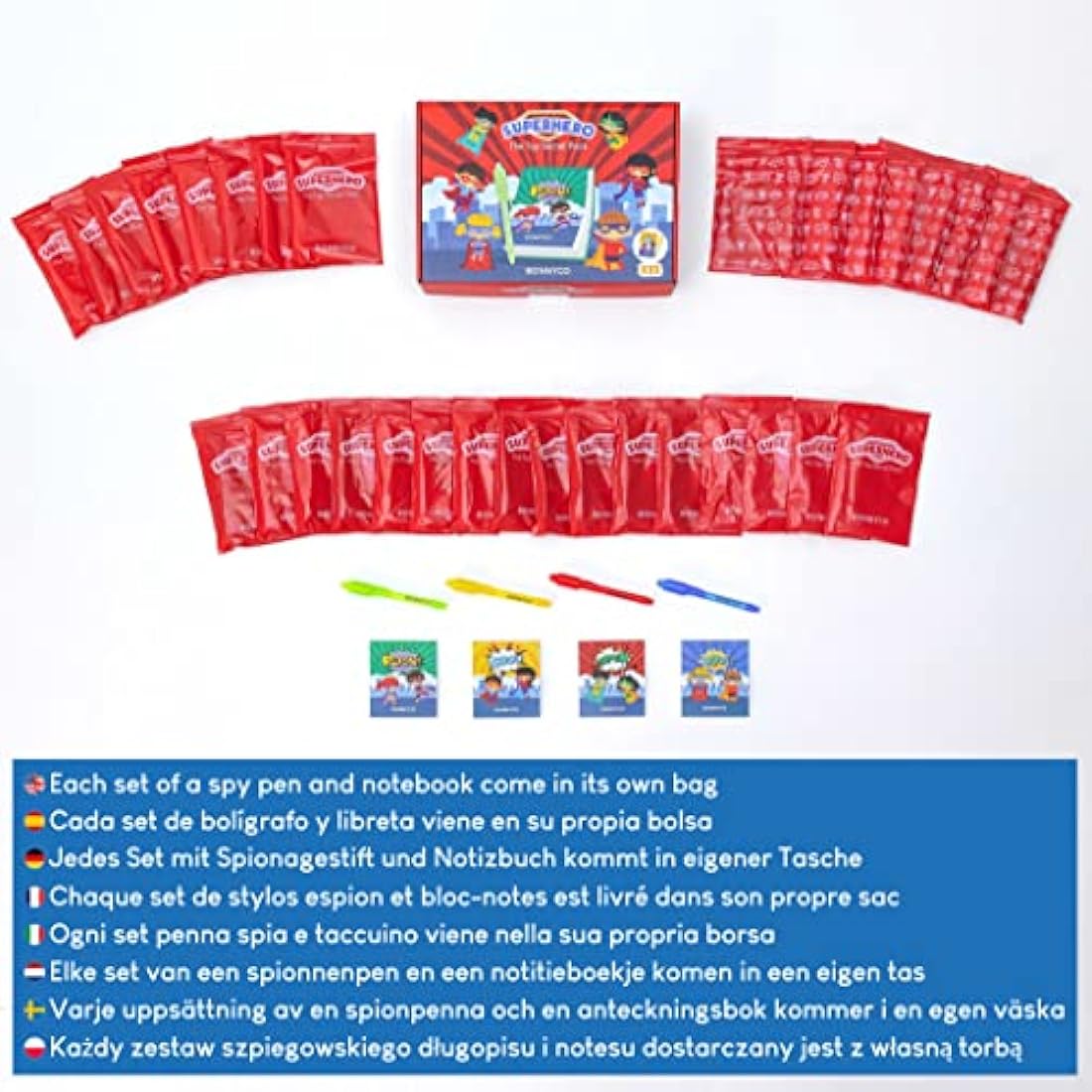 BONNYCO Invisible Ink Pen and Notebook, Pack 32 Superhero Superhero Party Bags Fillers, Pinata Toys | Birthday Decorations | Stocking Fillers for Kids Birthday | School Prizes, Gifts for Children
