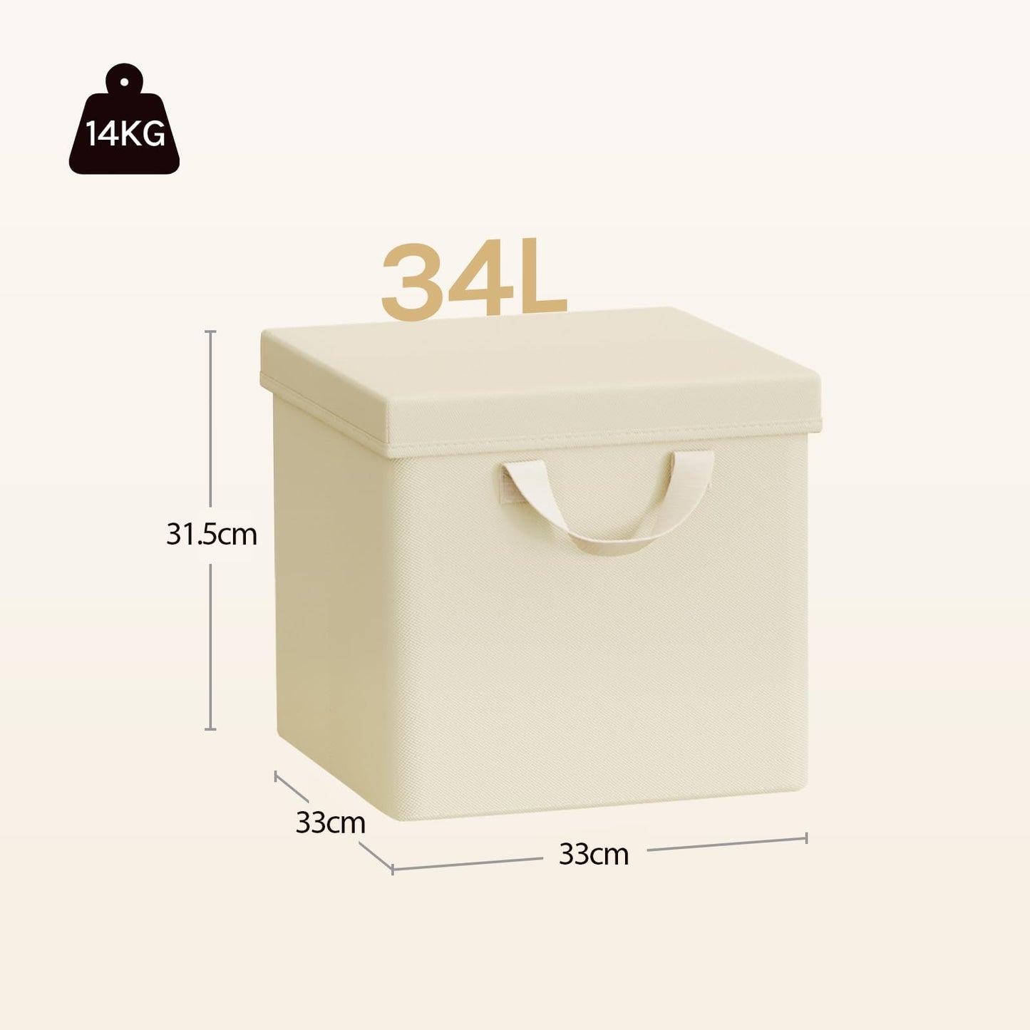 WOLTU Fabric Storage Boxes Set of 5, Folding Baskets with Lids, Handles, Metal Frame, Wardrobe Toy Organisers for Living Room, Bedroom, Office, Cream