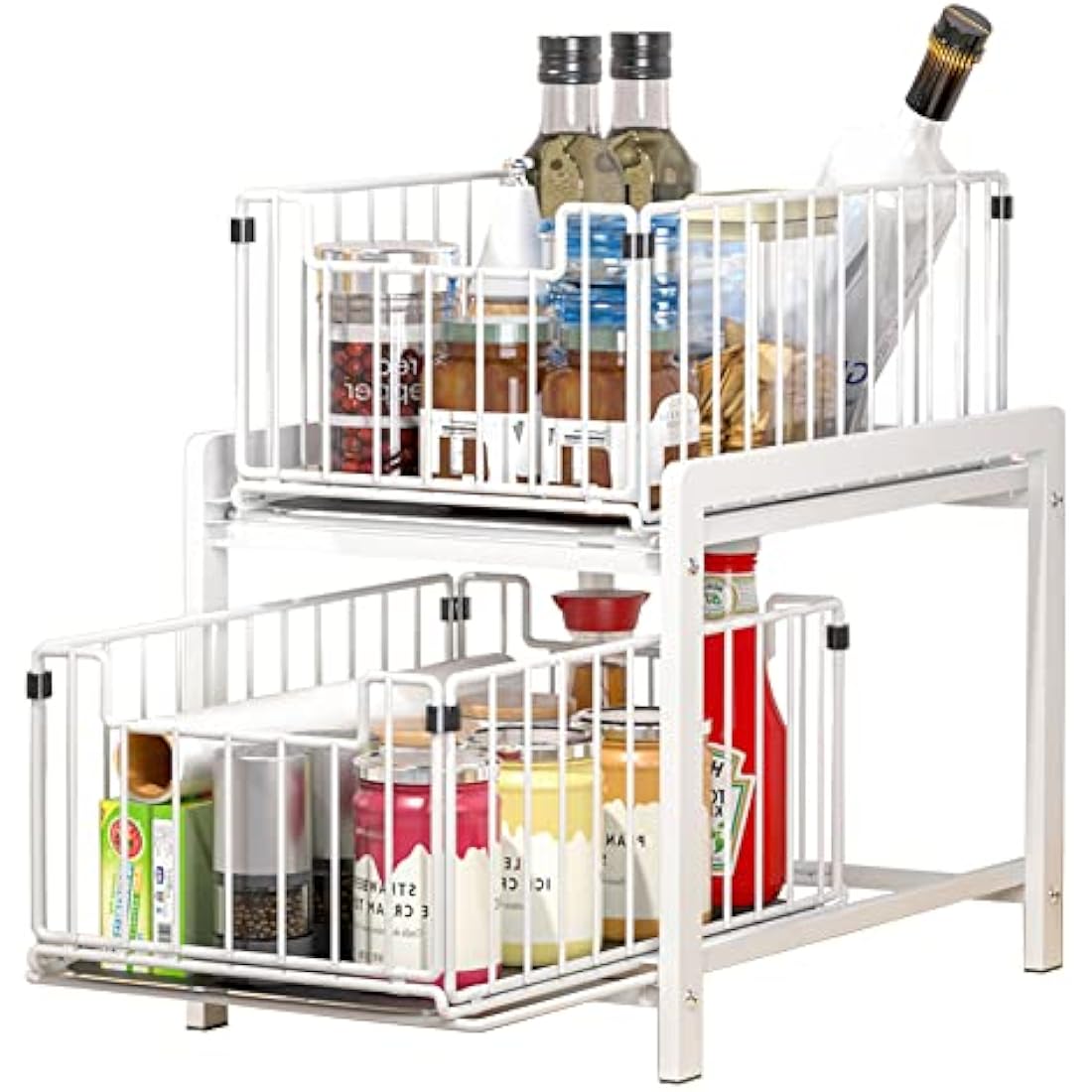 YunNasi Under Sink Storage 2-Tier Pull Out Sliding Basket for Cabinet Kitchen Cupboard Organiser Detachable Metal Storage Rack for Bathroom (Regular, WhiteWhite)