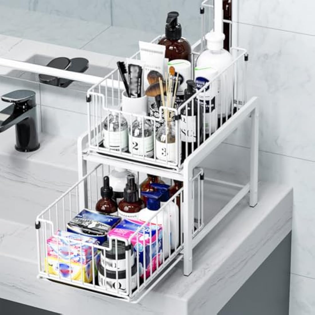 YunNasi Under Sink Storage 2-Tier Pull Out Sliding Basket for Cabinet Kitchen Cupboard Organiser Detachable Metal Storage Rack for Bathroom (Regular, WhiteWhite)