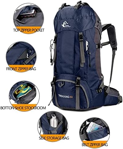 Bseash 60L Waterproof Hiking Camping Backpack with Rain Cover, Lightweight Outdoor Sport Travel Daypack Rucksack for Climbing Skiing