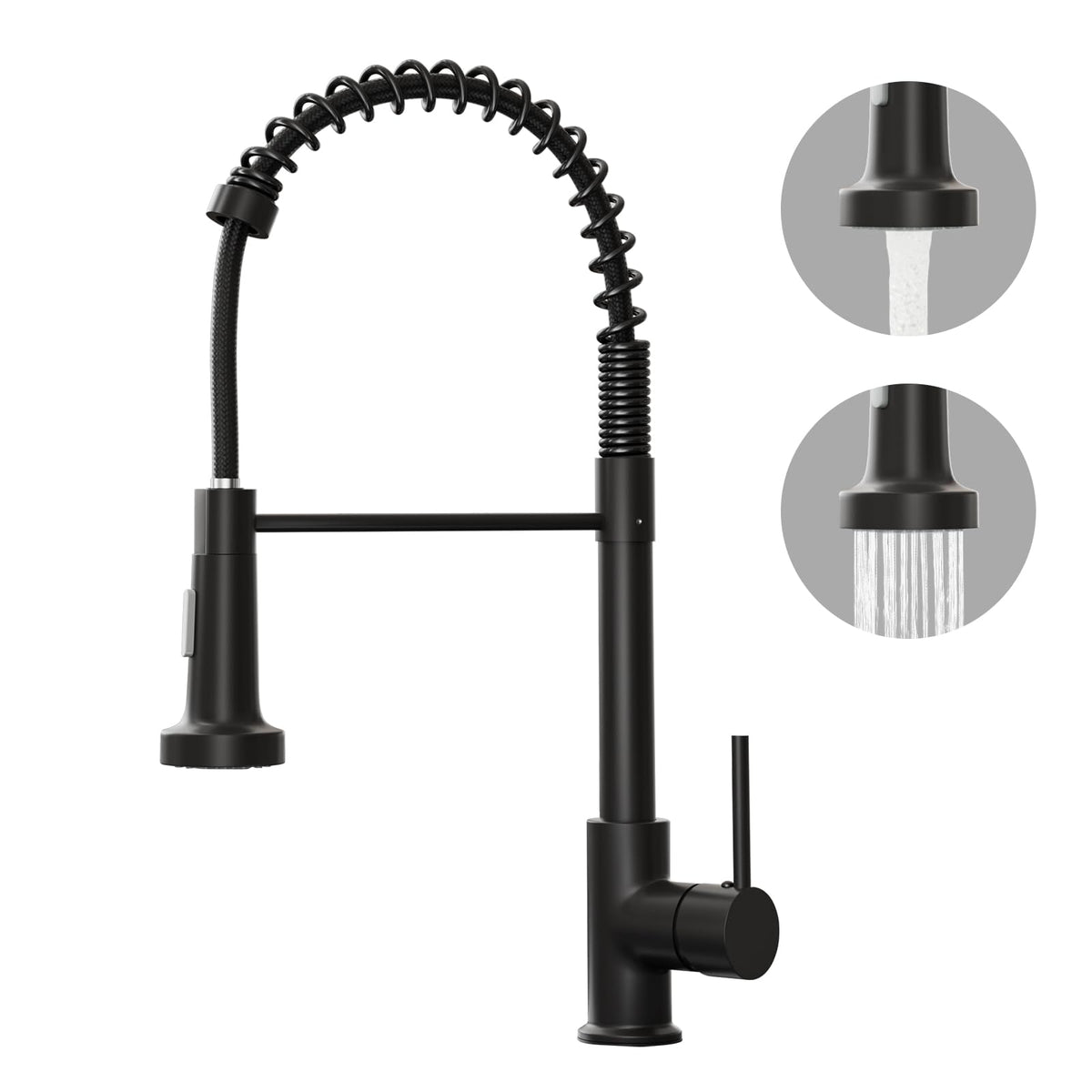 BESy Matte Black Kitchen Sink Tap, 2 Function Kitchen Sink Mixer Taps with Pull Out Spray, Brass High-Arc 360? Swivel Single Handle Spring Rv Taps