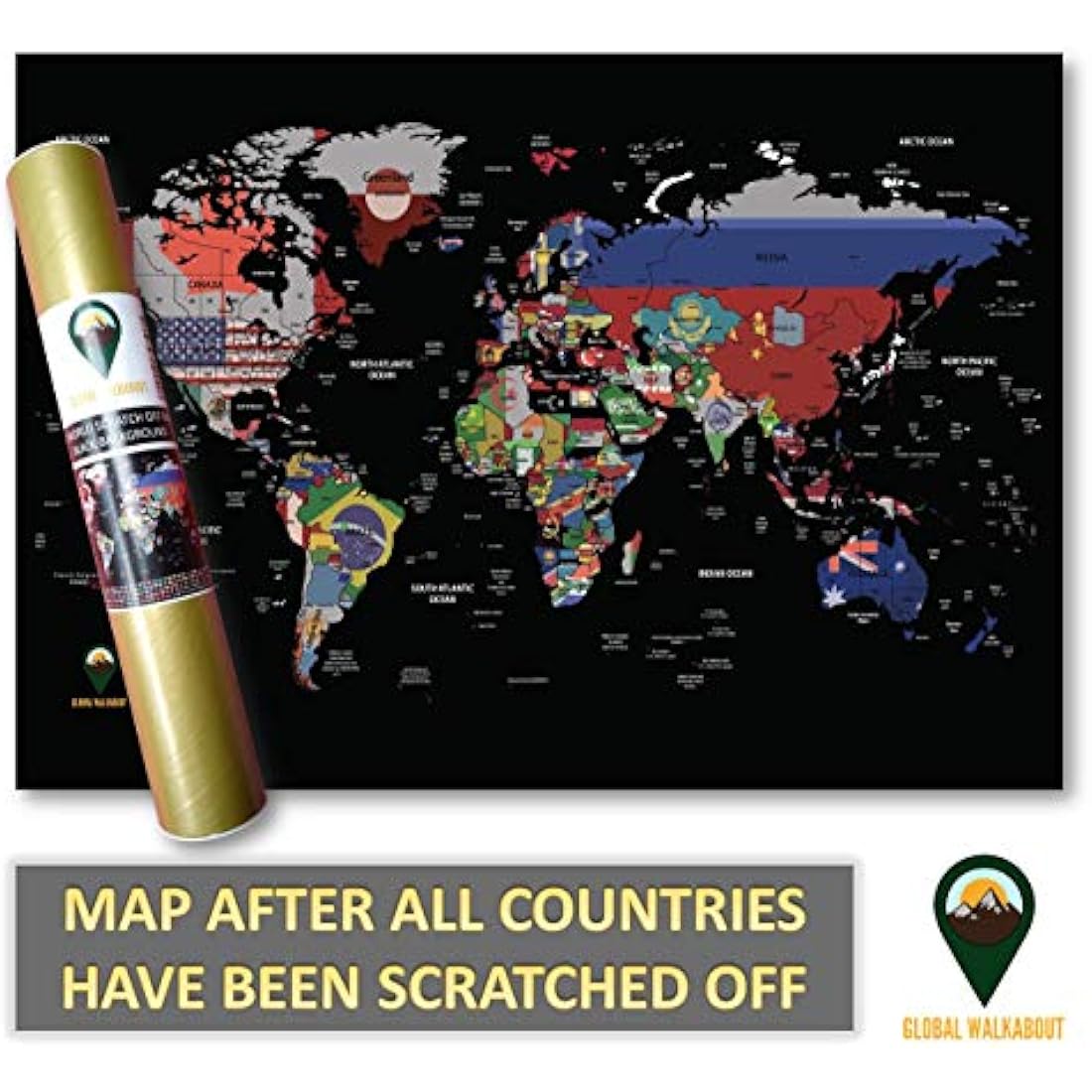 Scratch Off Map with Flags background – Deluxe Travel Size World Map Poster – Countries and Facts – Travel Gift - GLOBAL WALKABOUT (Black)