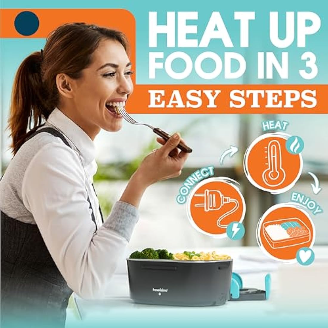TRAVELISIMO Heated Lunch Box 80W Electric Lunch Box Food Heater 1.5L Portable Food Warmer for Travel & Office, 12V/24V/230V Heated Lunch Boxes for Adults, Stainless Steel Truck & Car Electric Lunchbox
